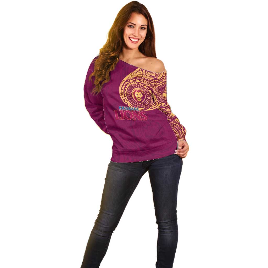 Personalized Brisbane Lions Polynesian Off Shoulder Sweater Tribal Chest and Sleeve Tattoo Heritage Warrior