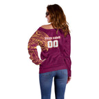 Personalized Brisbane Lions Polynesian Off Shoulder Sweater Tribal Chest and Sleeve Tattoo Heritage Warrior