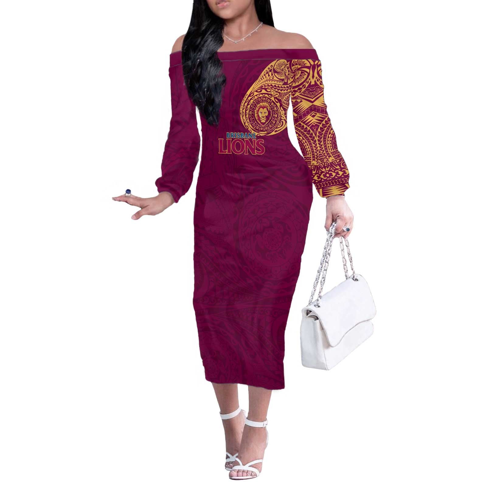 Personalized Brisbane Lions Polynesian Off The Shoulder Long Sleeve Dress Tribal Chest and Sleeve Tattoo Heritage Warrior