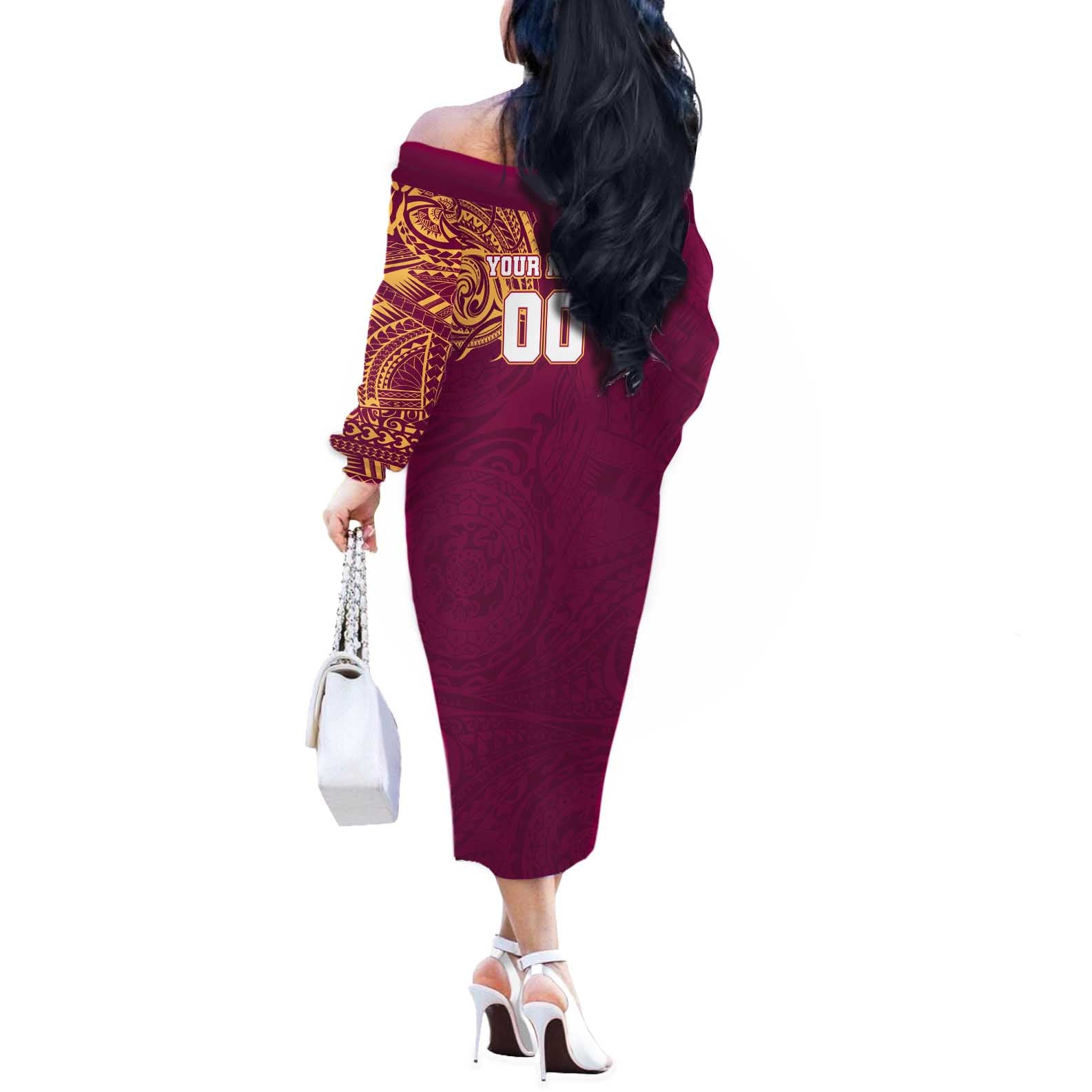 Personalized Brisbane Lions Polynesian Off The Shoulder Long Sleeve Dress Tribal Chest and Sleeve Tattoo Heritage Warrior