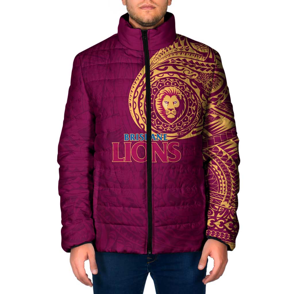 Personalized Brisbane Lions Polynesian Padded Jacket Tribal Chest and Sleeve Tattoo Heritage Warrior