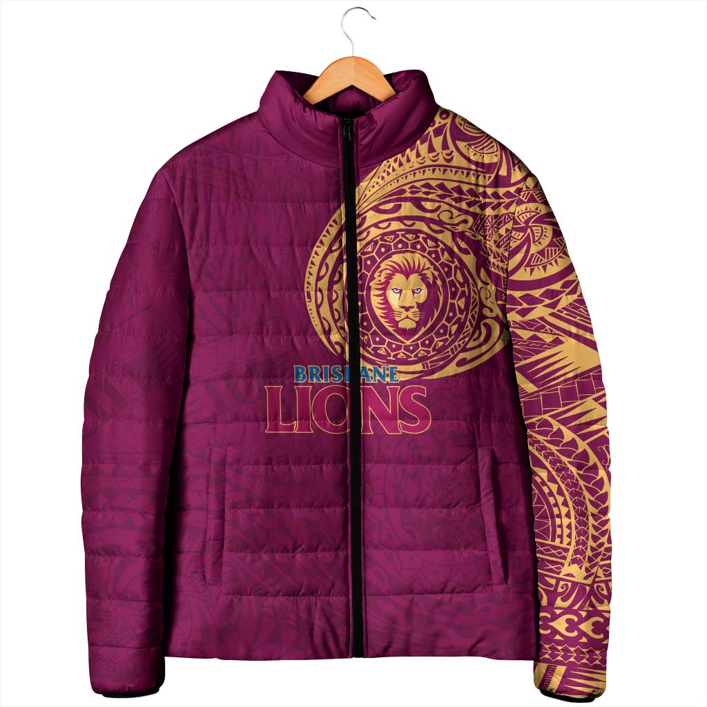 Personalized Brisbane Lions Polynesian Padded Jacket Tribal Chest and Sleeve Tattoo Heritage Warrior