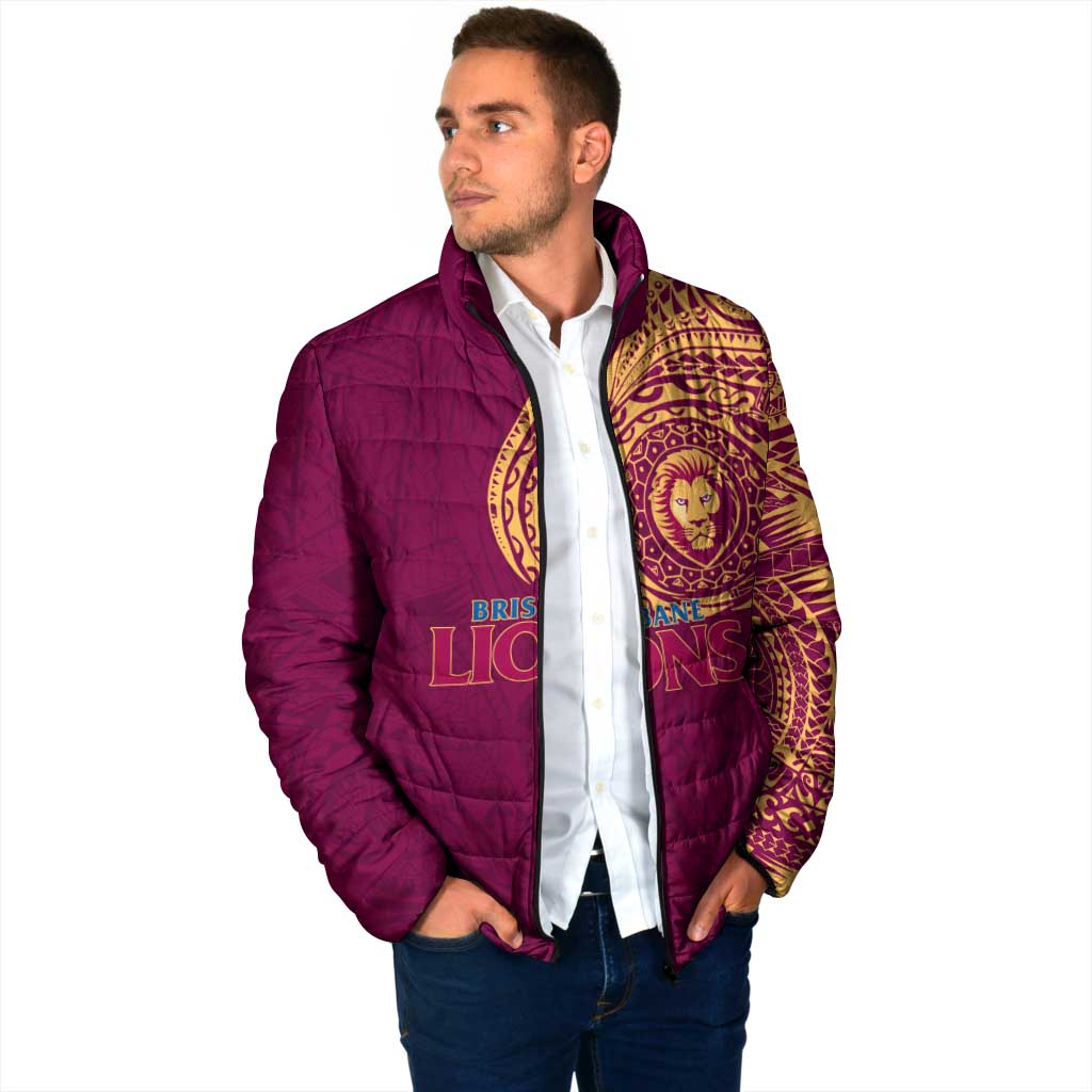 Personalized Brisbane Lions Polynesian Padded Jacket Tribal Chest and Sleeve Tattoo Heritage Warrior