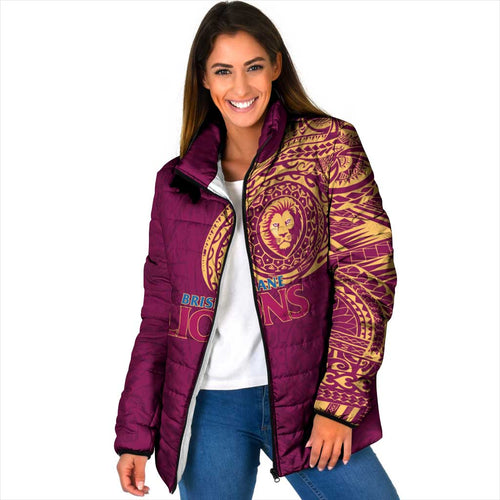 Personalized Brisbane Lions Polynesian Padded Jacket Tribal Chest and Sleeve Tattoo Heritage Warrior