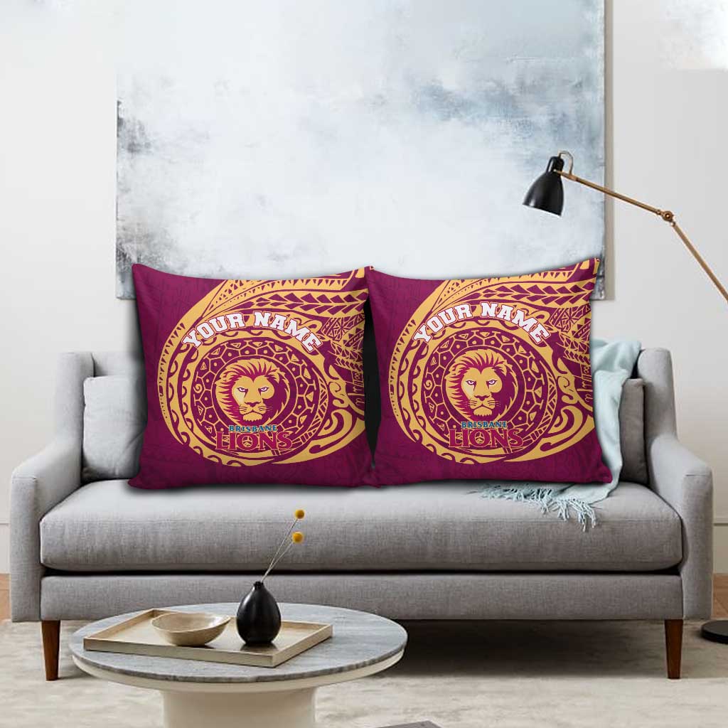 Personalized Brisbane Lions Polynesian Pillow Cover Tribal Chest and Sleeve Tattoo Heritage Warrior