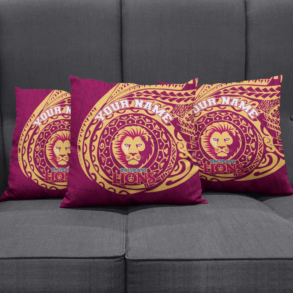 Personalized Brisbane Lions Polynesian Pillow Cover Tribal Chest and Sleeve Tattoo Heritage Warrior