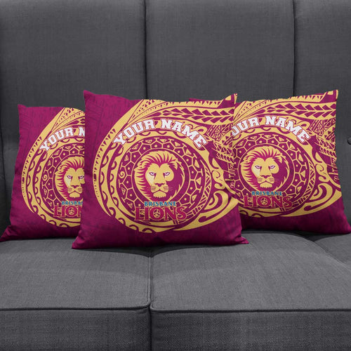 Personalized Brisbane Lions Polynesian Pillow Cover Tribal Chest and Sleeve Tattoo Heritage Warrior