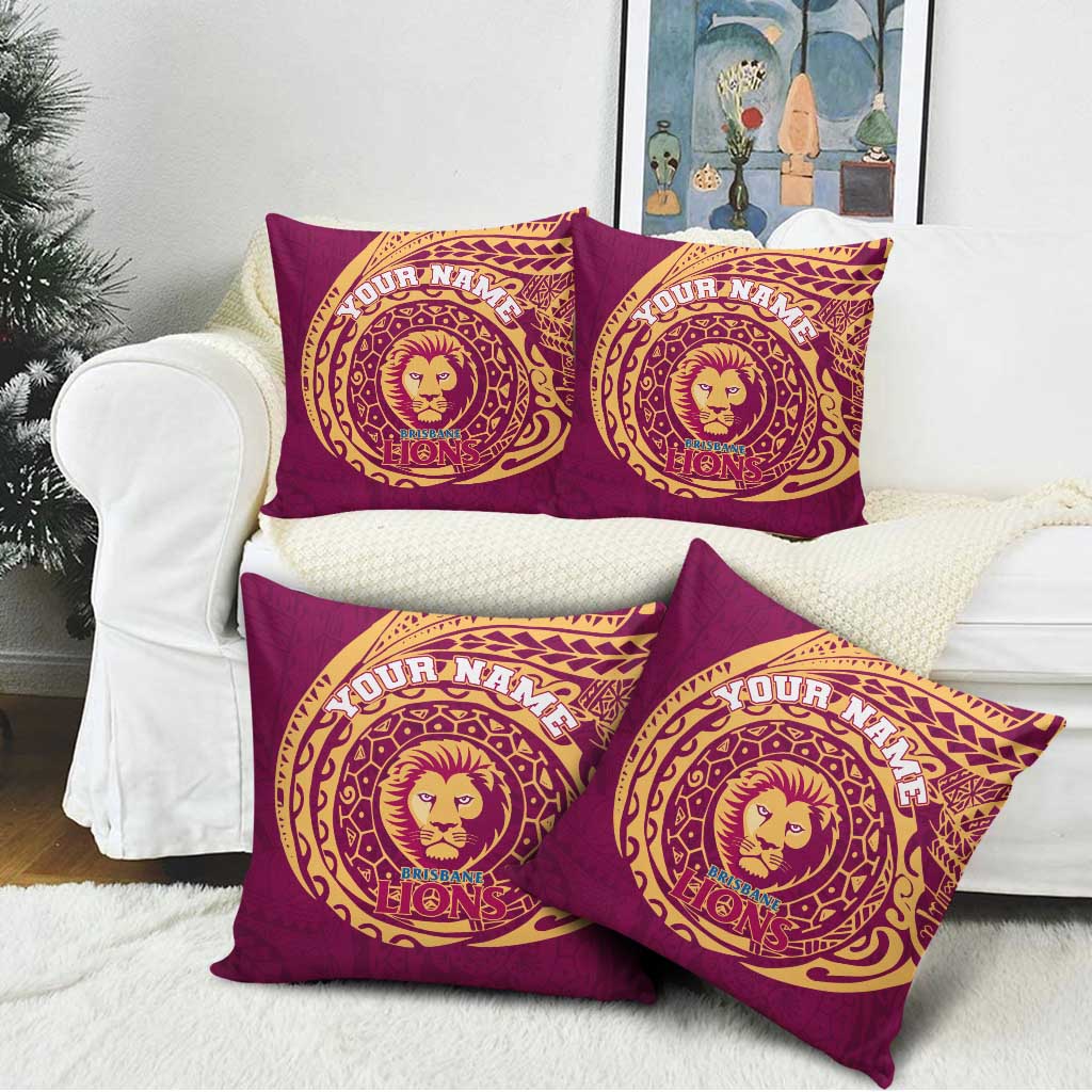 Personalized Brisbane Lions Polynesian Pillow Cover Tribal Chest and Sleeve Tattoo Heritage Warrior