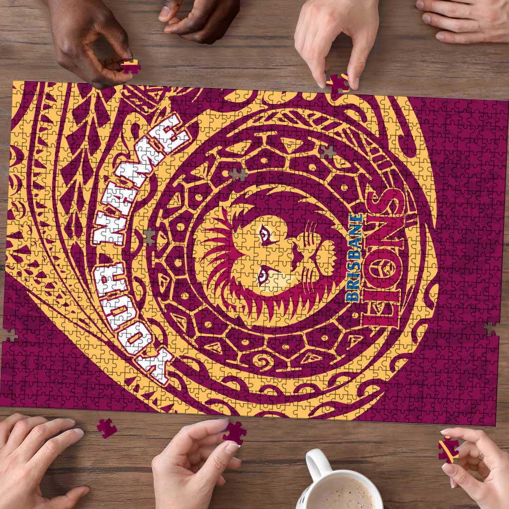Personalized Brisbane Lions Polynesian Puzzle Tribal Chest and Sleeve Tattoo Heritage Warrior