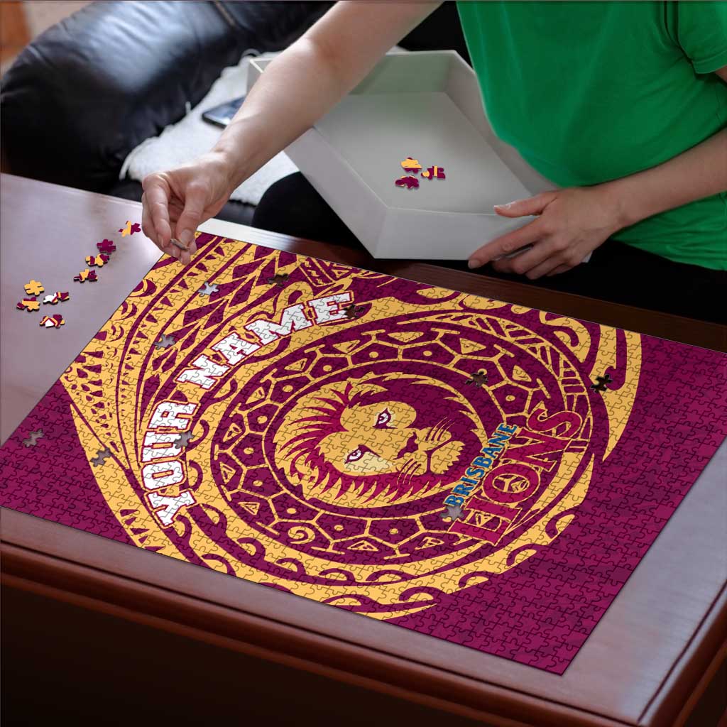 Personalized Brisbane Lions Polynesian Puzzle Tribal Chest and Sleeve Tattoo Heritage Warrior