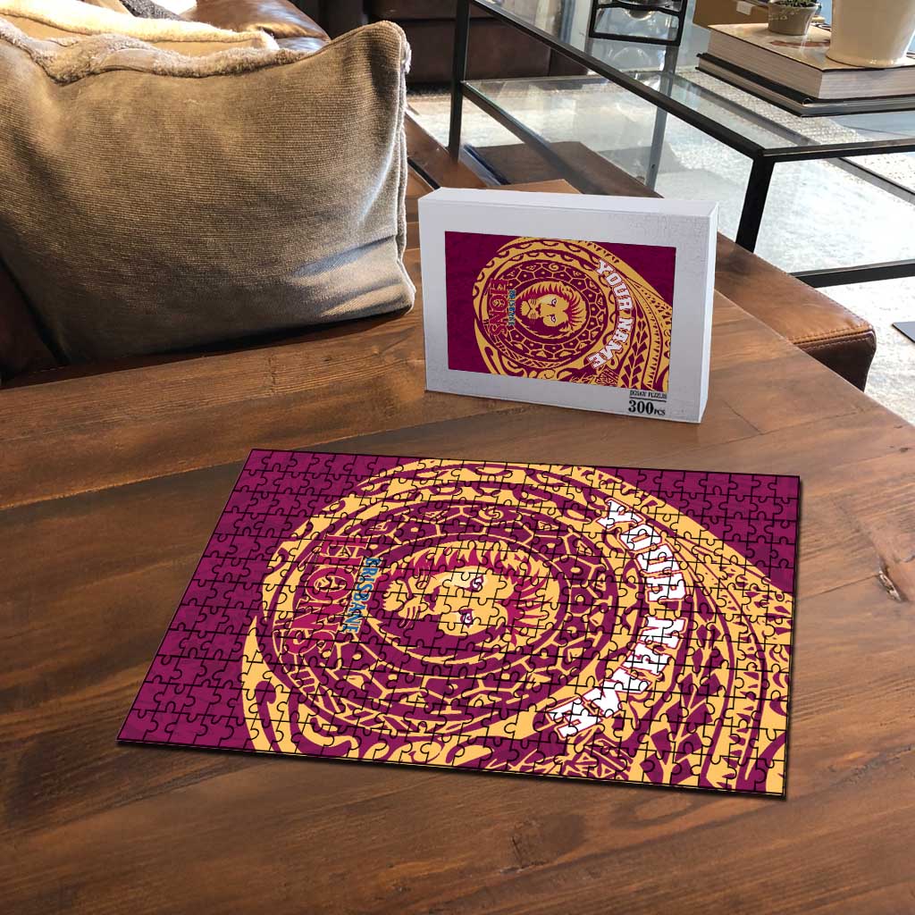Personalized Brisbane Lions Polynesian Puzzle Tribal Chest and Sleeve Tattoo Heritage Warrior
