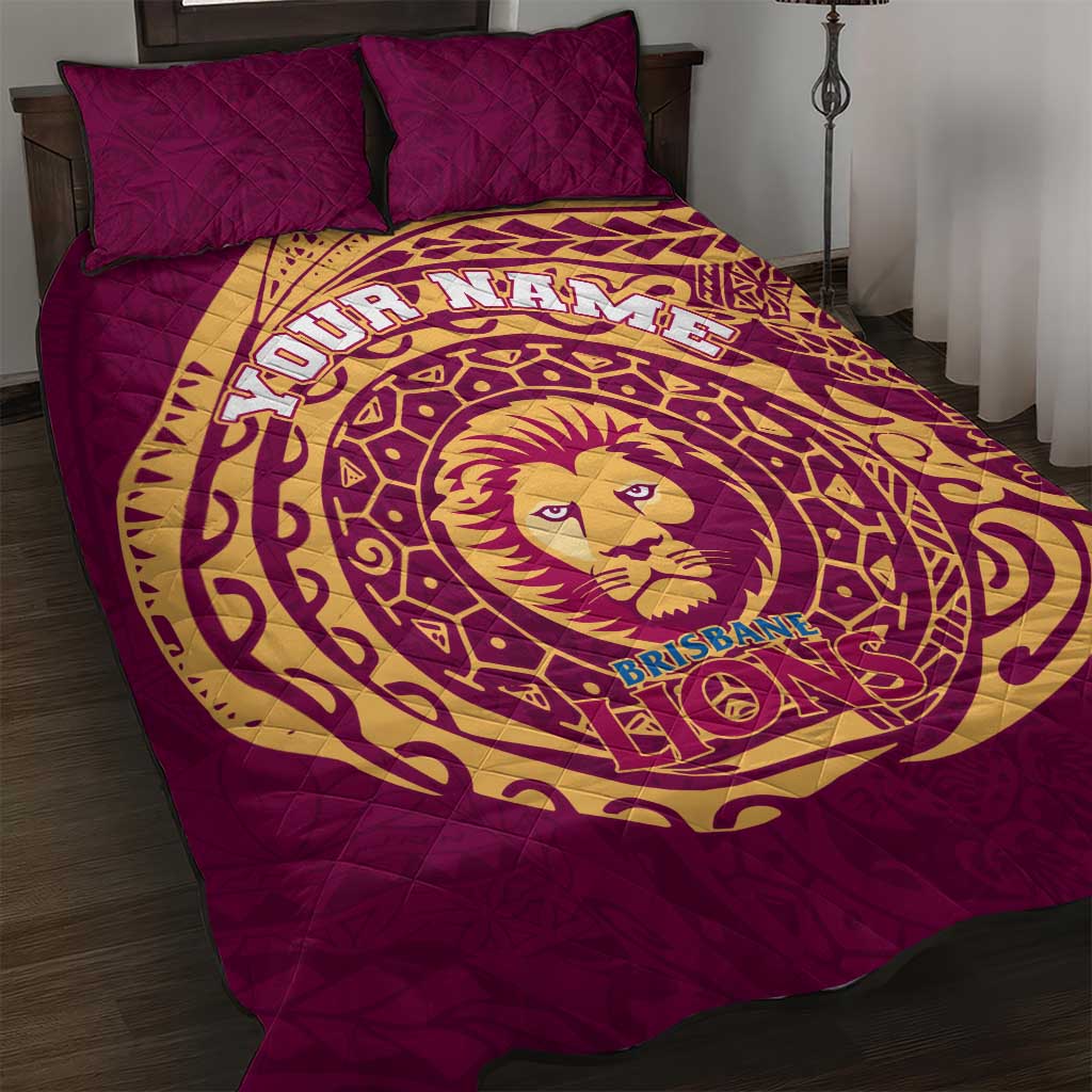 Personalized Brisbane Lions Polynesian Quilt Bed Set Tribal Chest and Sleeve Tattoo Heritage Warrior