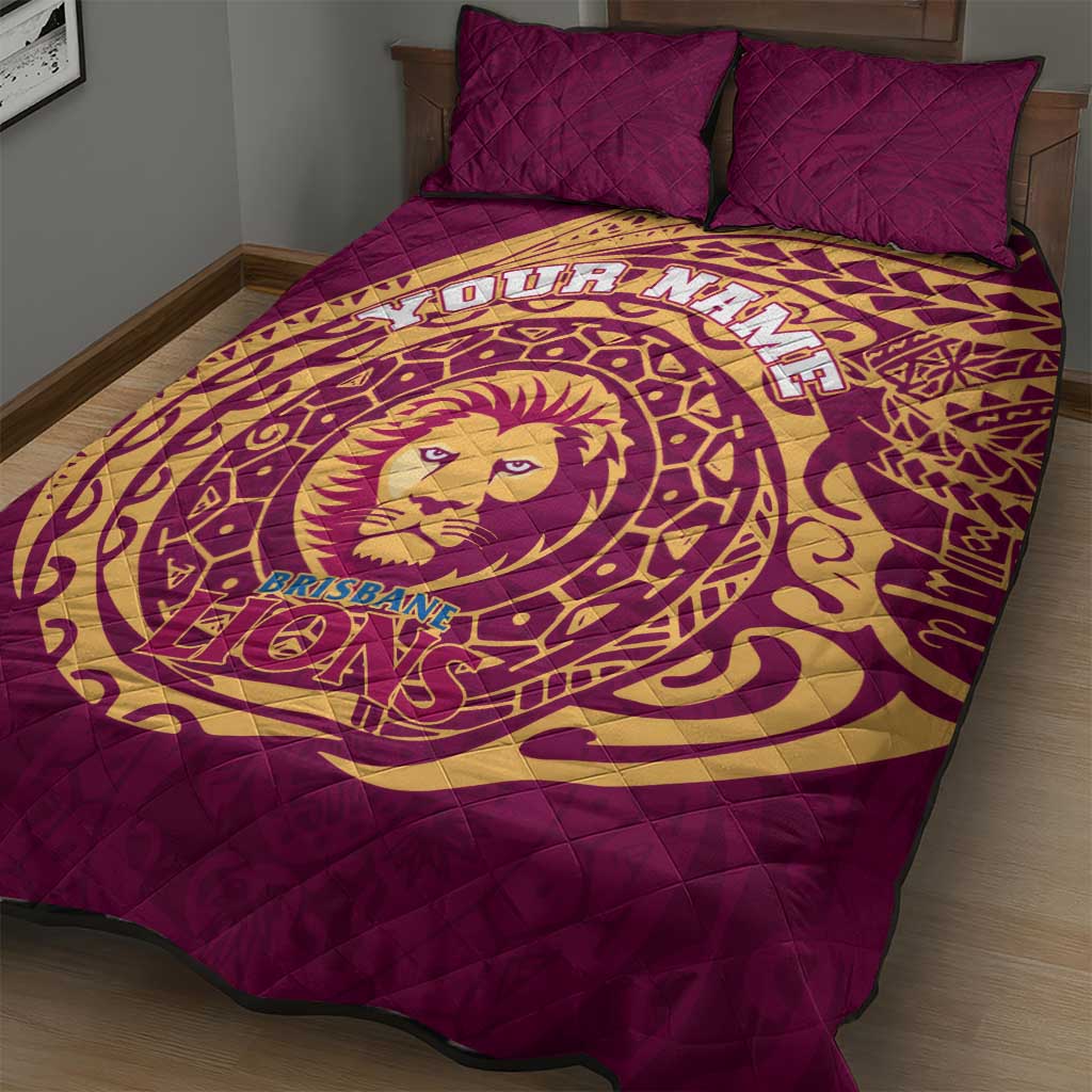 Personalized Brisbane Lions Polynesian Quilt Bed Set Tribal Chest and Sleeve Tattoo Heritage Warrior