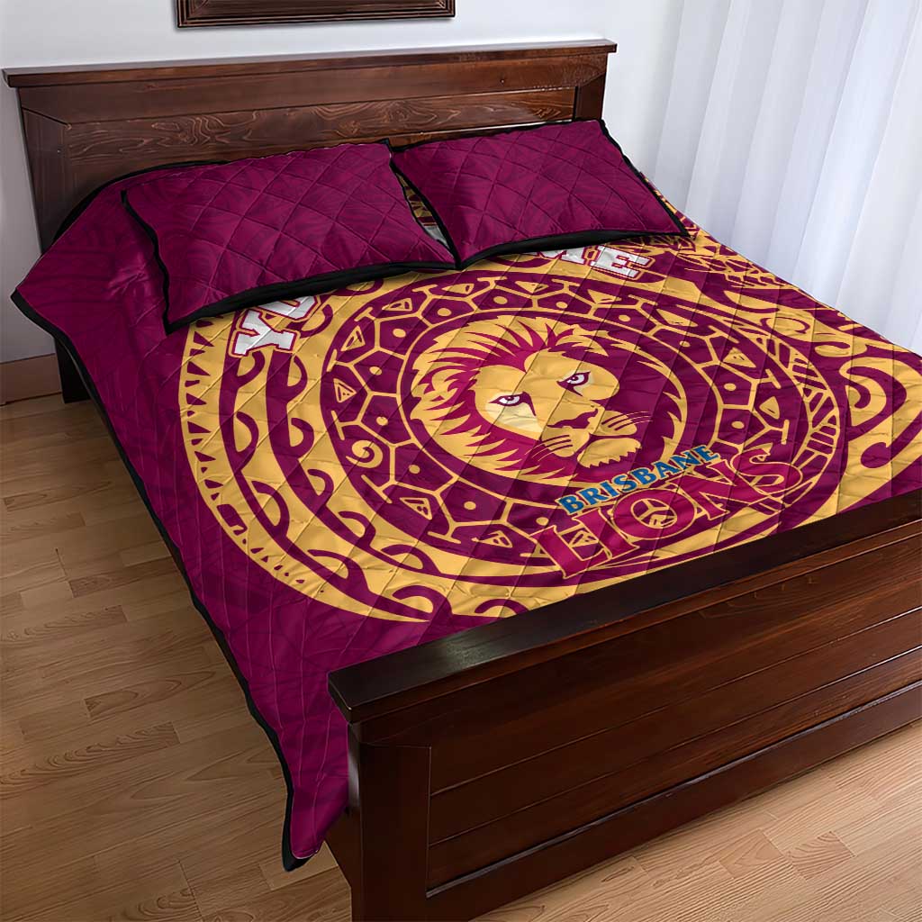 Personalized Brisbane Lions Polynesian Quilt Bed Set Tribal Chest and Sleeve Tattoo Heritage Warrior