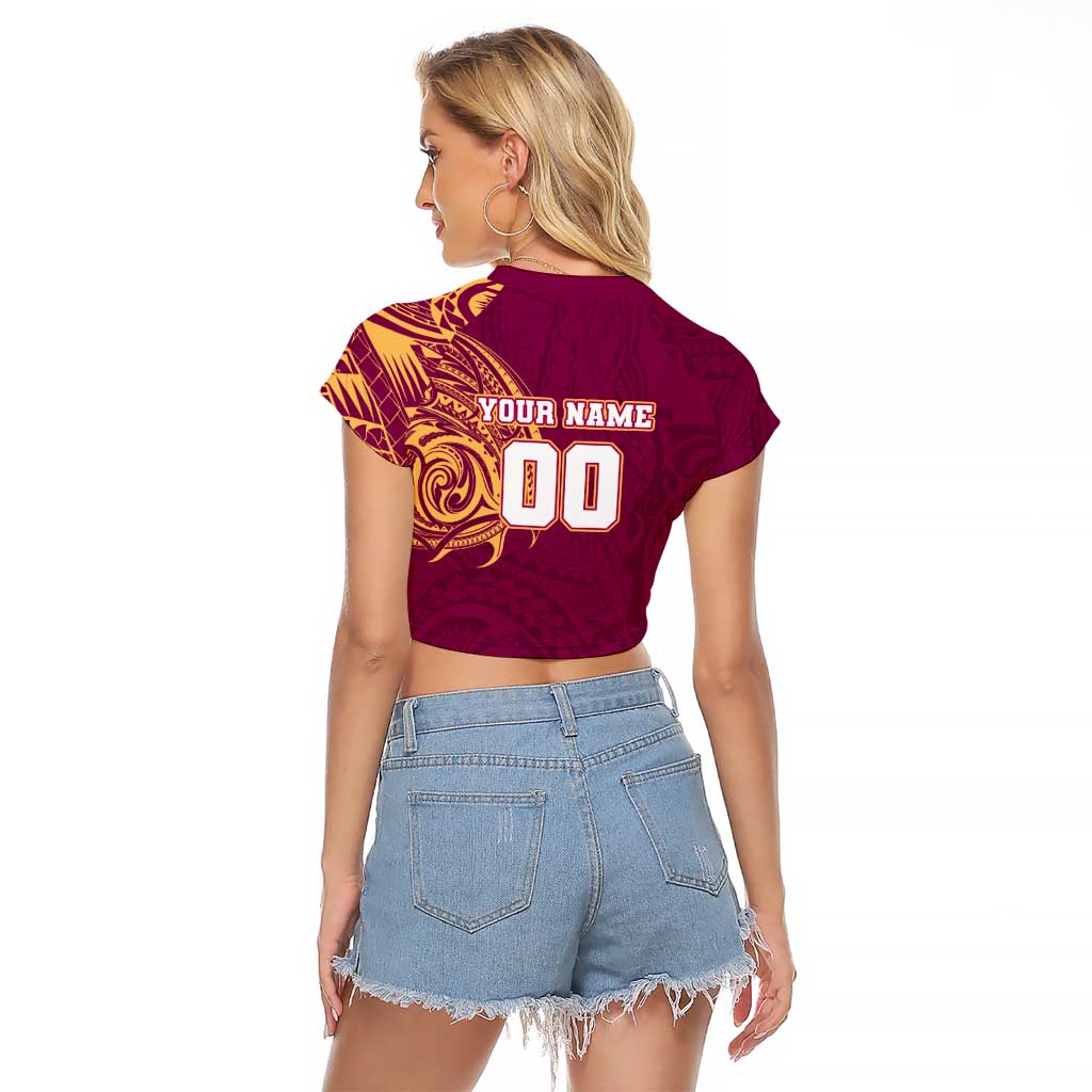 Personalized Brisbane Lions Polynesian Raglan Cropped T Shirt Tribal Chest and Sleeve Tattoo Heritage Warrior