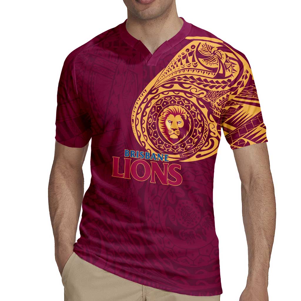Personalized Brisbane Lions Polynesian Rugby Jersey Tribal Chest and Sleeve Tattoo Heritage Warrior