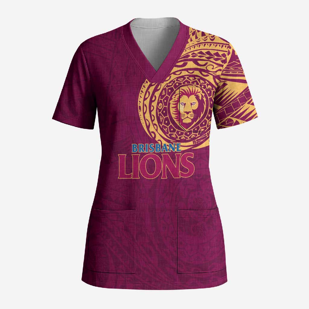 Personalized Brisbane Lions Polynesian Scrub Top Tribal Chest and Sleeve Tattoo Heritage Warrior