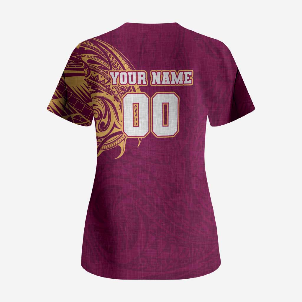 Personalized Brisbane Lions Polynesian Scrub Top Tribal Chest and Sleeve Tattoo Heritage Warrior
