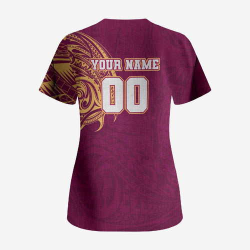 Personalized Brisbane Lions Polynesian Scrub Top Tribal Chest and Sleeve Tattoo Heritage Warrior