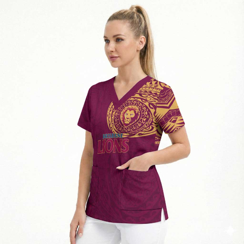 Personalized Brisbane Lions Polynesian Scrub Top Tribal Chest and Sleeve Tattoo Heritage Warrior