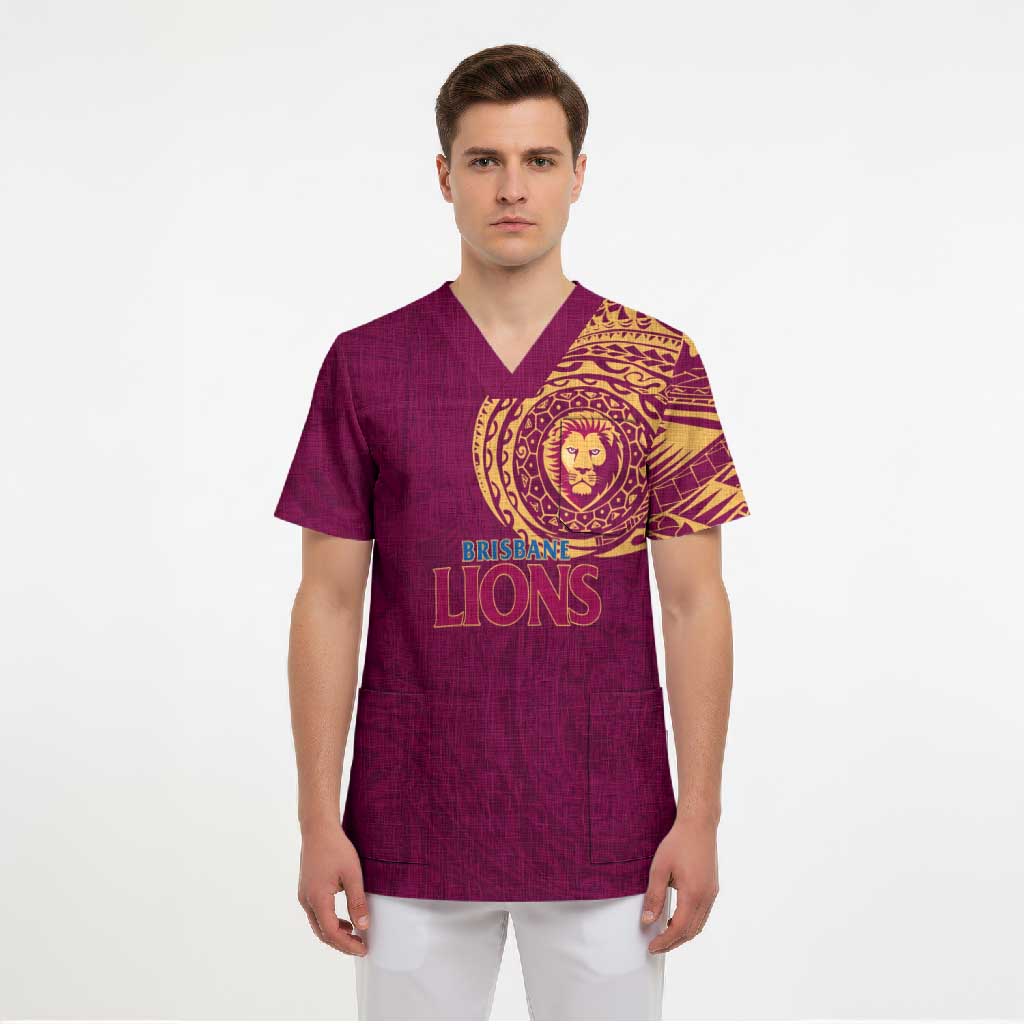 Personalized Brisbane Lions Polynesian Scrub Top Tribal Chest and Sleeve Tattoo Heritage Warrior