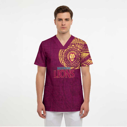 Personalized Brisbane Lions Polynesian Scrub Top Tribal Chest and Sleeve Tattoo Heritage Warrior