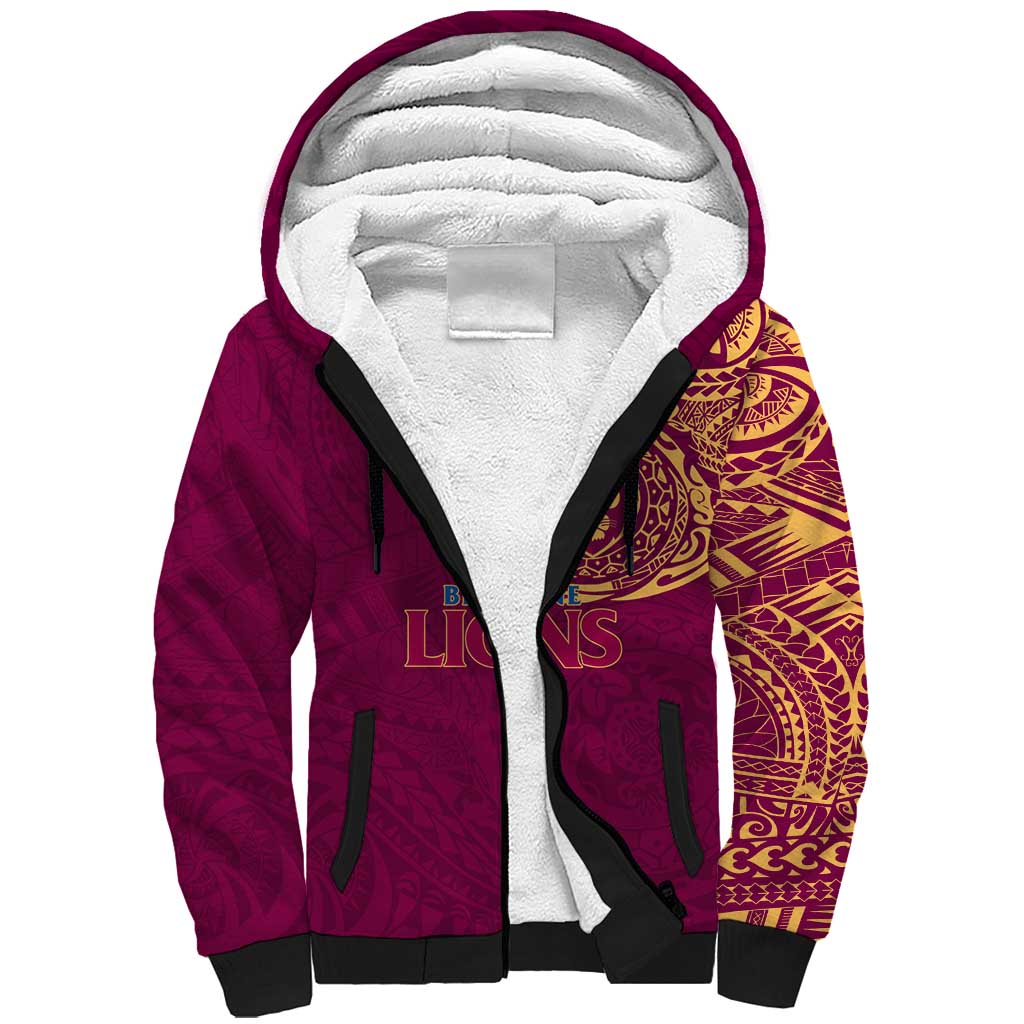 Personalized Brisbane Lions Polynesian Sherpa Hoodie Tribal Chest and Sleeve Tattoo Heritage Warrior