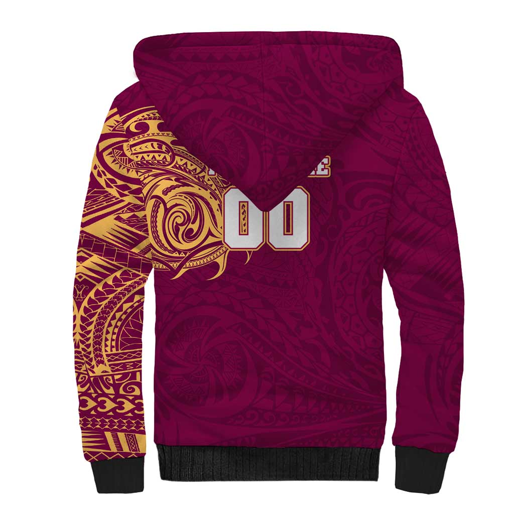 Personalized Brisbane Lions Polynesian Sherpa Hoodie Tribal Chest and Sleeve Tattoo Heritage Warrior