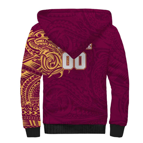 Personalized Brisbane Lions Polynesian Sherpa Hoodie Tribal Chest and Sleeve Tattoo Heritage Warrior