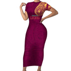 Personalized Brisbane Lions Polynesian Short Sleeve Bodycon Dress Tribal Chest and Sleeve Tattoo Heritage Warrior