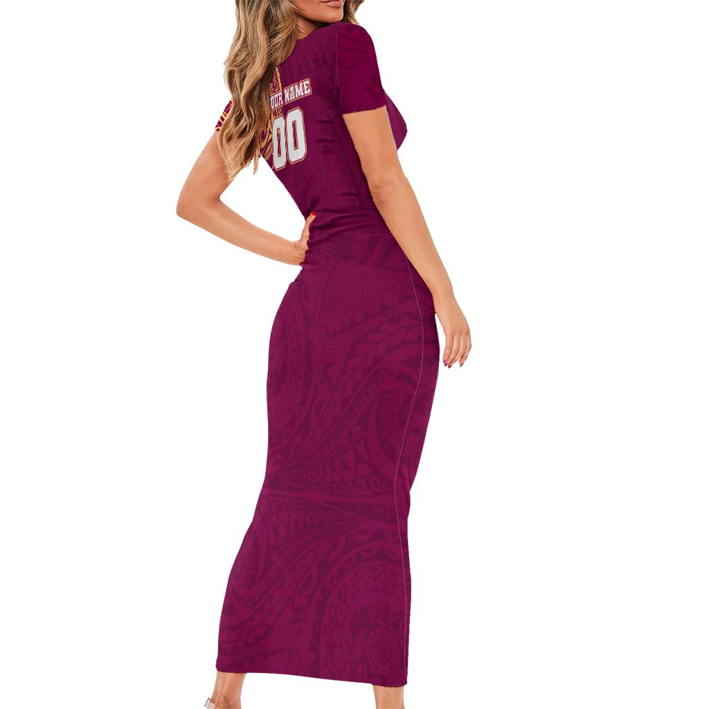 Personalized Brisbane Lions Polynesian Short Sleeve Bodycon Dress Tribal Chest and Sleeve Tattoo Heritage Warrior