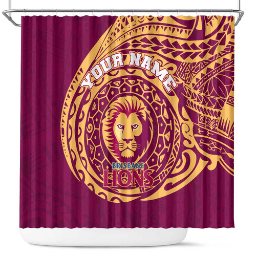 Personalized Brisbane Lions Polynesian Shower Curtain Tribal Chest and Sleeve Tattoo Heritage Warrior
