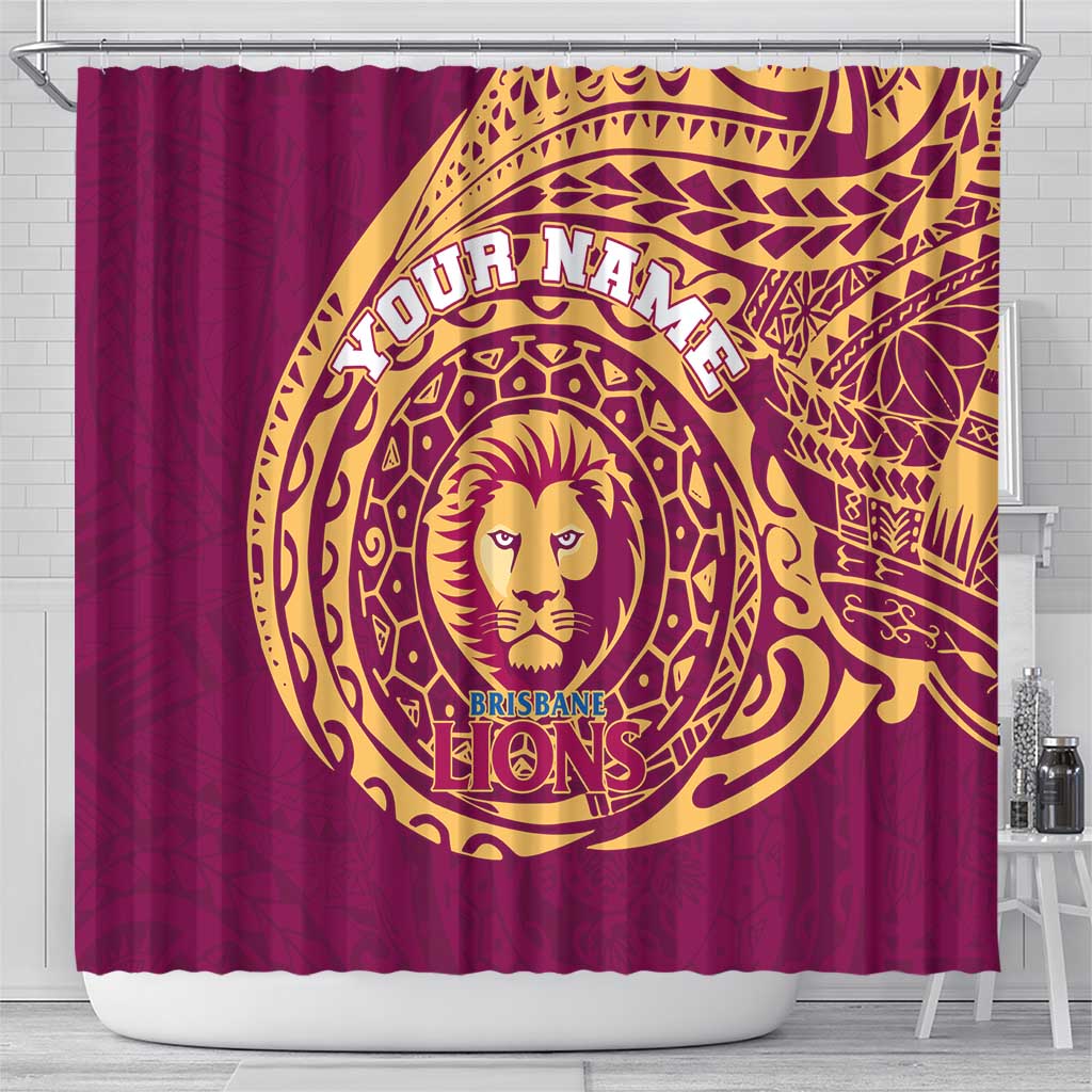 Personalized Brisbane Lions Polynesian Shower Curtain Tribal Chest and Sleeve Tattoo Heritage Warrior