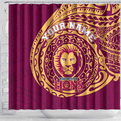 Personalized Brisbane Lions Polynesian Shower Curtain Tribal Chest and Sleeve Tattoo Heritage Warrior