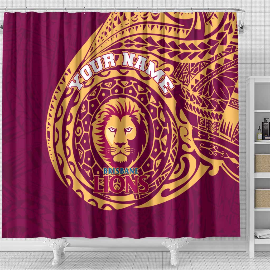 Personalized Brisbane Lions Polynesian Shower Curtain Tribal Chest and Sleeve Tattoo Heritage Warrior