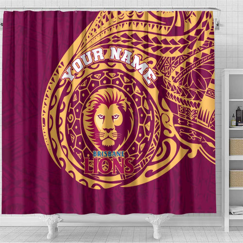 Personalized Brisbane Lions Polynesian Shower Curtain Tribal Chest and Sleeve Tattoo Heritage Warrior