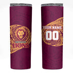 Personalized Brisbane Lions Polynesian Skinny Tumbler Tribal Chest and Sleeve Tattoo Heritage Warrior