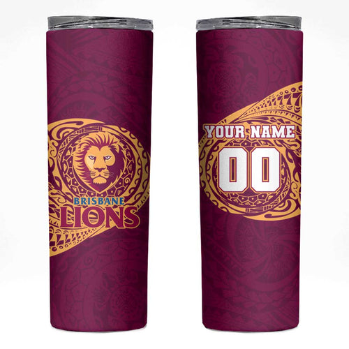 Personalized Brisbane Lions Polynesian Skinny Tumbler Tribal Chest and Sleeve Tattoo Heritage Warrior