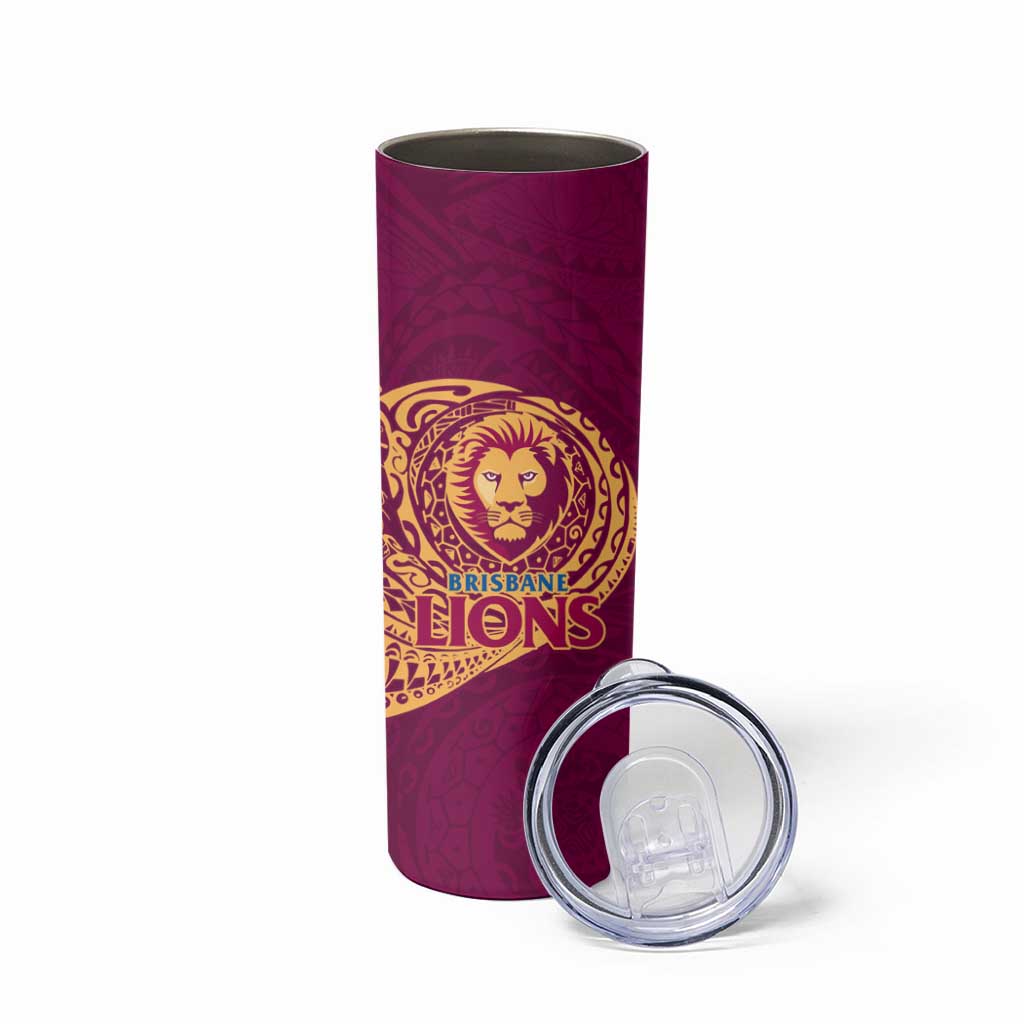 Personalized Brisbane Lions Polynesian Skinny Tumbler Tribal Chest and Sleeve Tattoo Heritage Warrior
