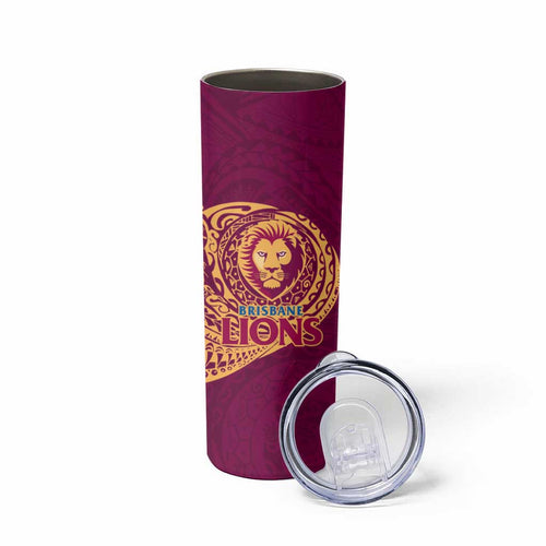 Personalized Brisbane Lions Polynesian Skinny Tumbler Tribal Chest and Sleeve Tattoo Heritage Warrior