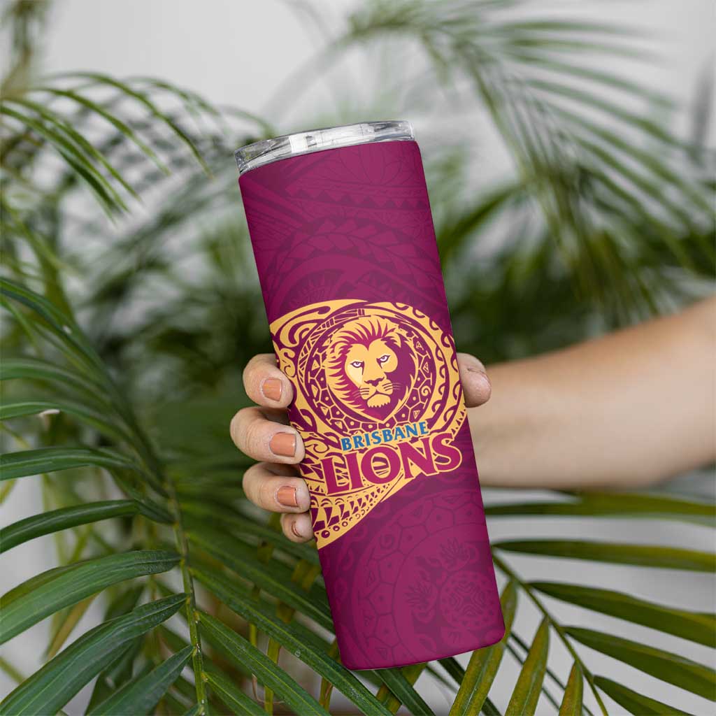 Personalized Brisbane Lions Polynesian Skinny Tumbler Tribal Chest and Sleeve Tattoo Heritage Warrior