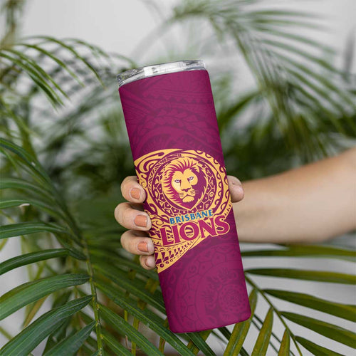 Personalized Brisbane Lions Polynesian Skinny Tumbler Tribal Chest and Sleeve Tattoo Heritage Warrior