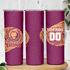 Personalized Brisbane Lions Polynesian Skinny Tumbler Tribal Chest and Sleeve Tattoo Heritage Warrior