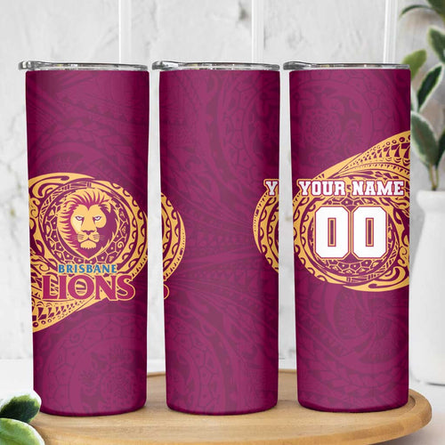 Personalized Brisbane Lions Polynesian Skinny Tumbler Tribal Chest and Sleeve Tattoo Heritage Warrior
