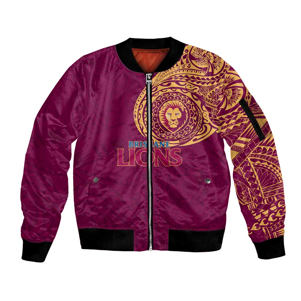 Personalized Brisbane Lions Polynesian Sleeve Zip Bomber Jacket Tribal Chest and Sleeve Tattoo Heritage Warrior