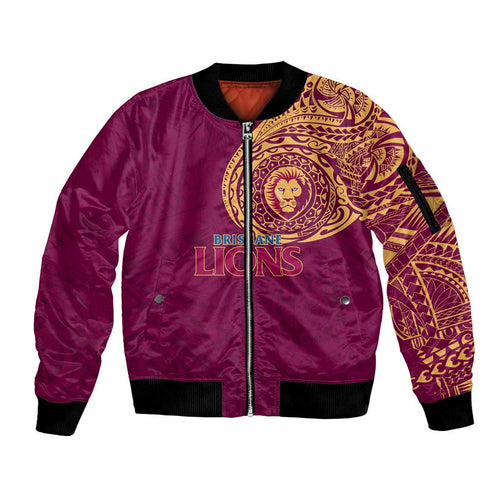 Personalized Brisbane Lions Polynesian Sleeve Zip Bomber Jacket Tribal Chest and Sleeve Tattoo Heritage Warrior