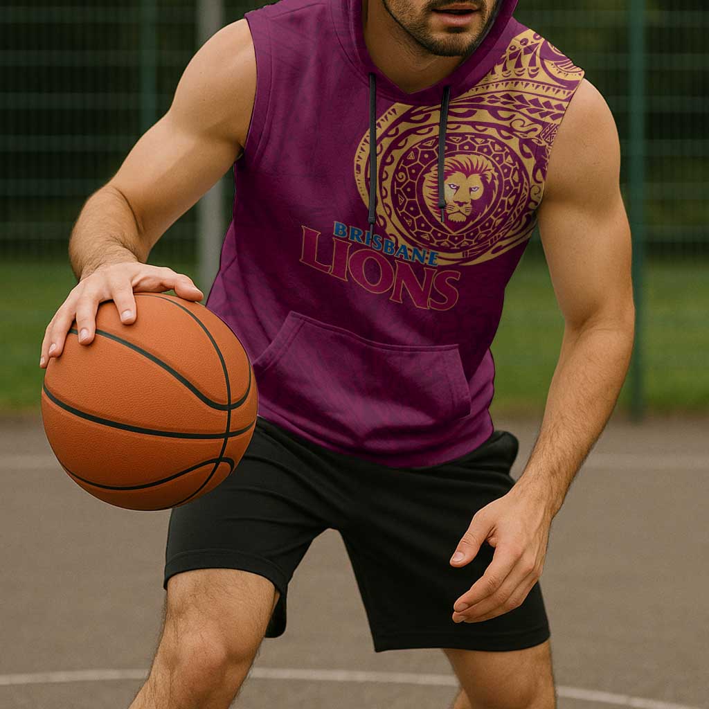 Personalized Brisbane Lions Polynesian Sleeveless Hoodie Tribal Chest and Sleeve Tattoo Heritage Warrior