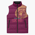 Personalized Brisbane Lions Polynesian Sleeveless Puffer Jacket Tribal Chest and Sleeve Tattoo Heritage Warrior