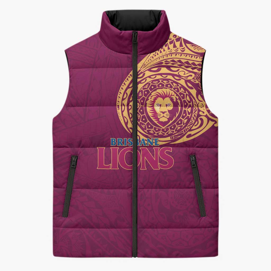Personalized Brisbane Lions Polynesian Sleeveless Puffer Jacket Tribal Chest and Sleeve Tattoo Heritage Warrior