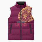 Personalized Brisbane Lions Polynesian Sleeveless Puffer Jacket Tribal Chest and Sleeve Tattoo Heritage Warrior